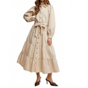 NEW LISTICLE tiered maxi dress in beige